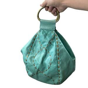 Sabina Teal Gold Stitched Globe Leather Handbag